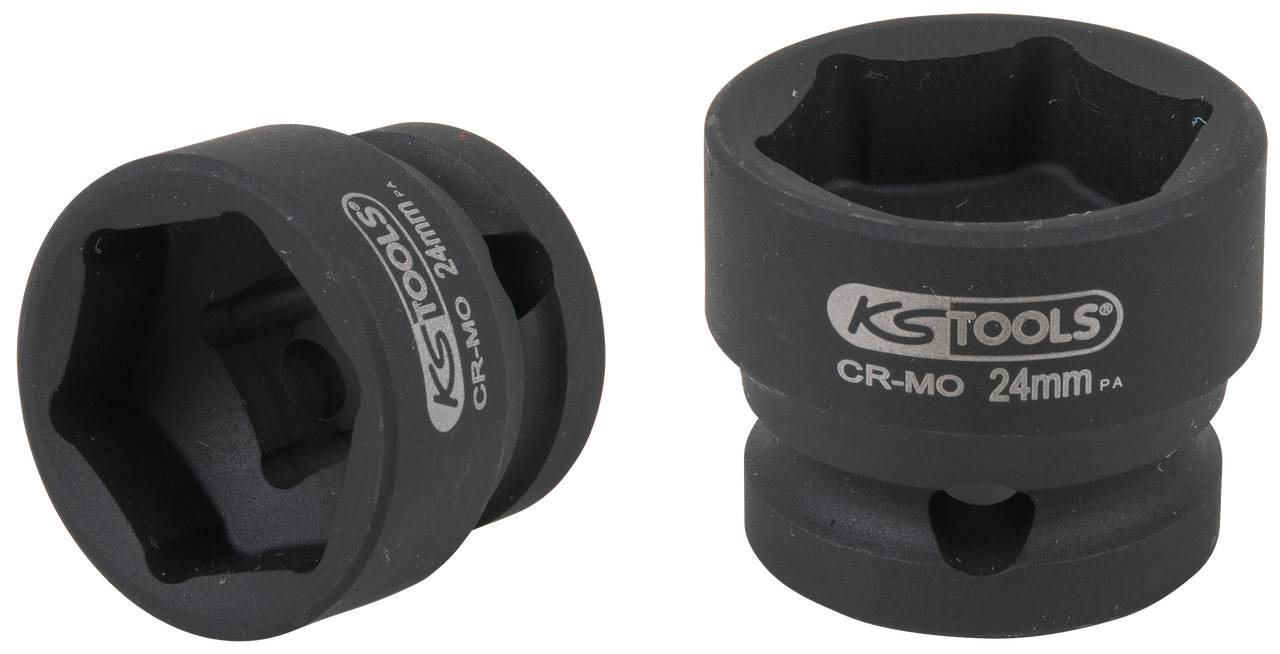 Dva černé nástrčné klíče s nápisem 'KS Tools CR-MO 24mm', jeden stojí vzpřímeně, druhý leží na boku.