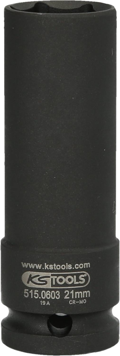 Válcová nástrčná hlavice značky KS Tools, vyrobená z černého kovu s vyznačením '21 mm', vhodná pro mechanické použití.