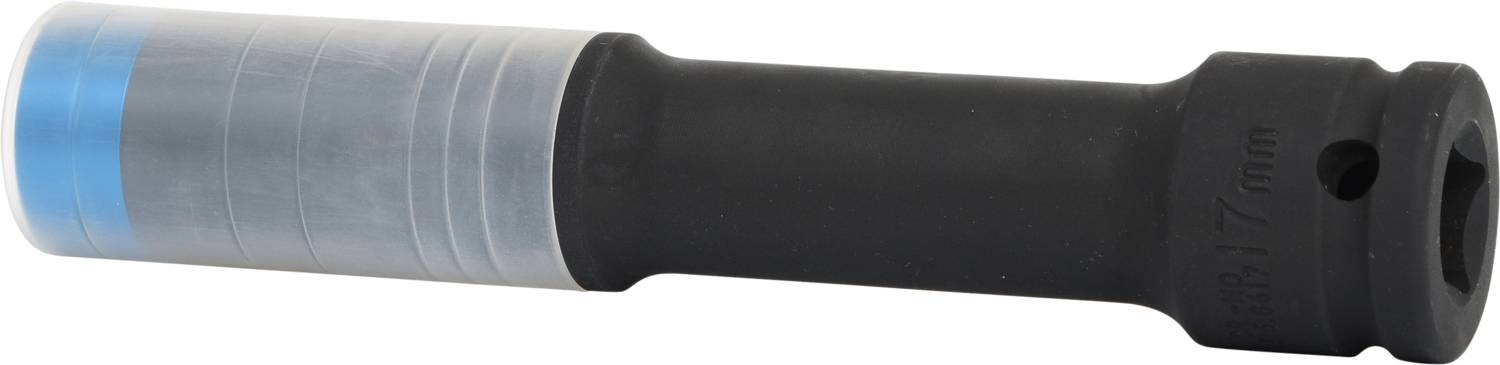 Černá šestihranná matice s modrým plastovým krytem, velikost 17 mm. Používá se pro šetrné utahování šroubů na lakovaných površích.