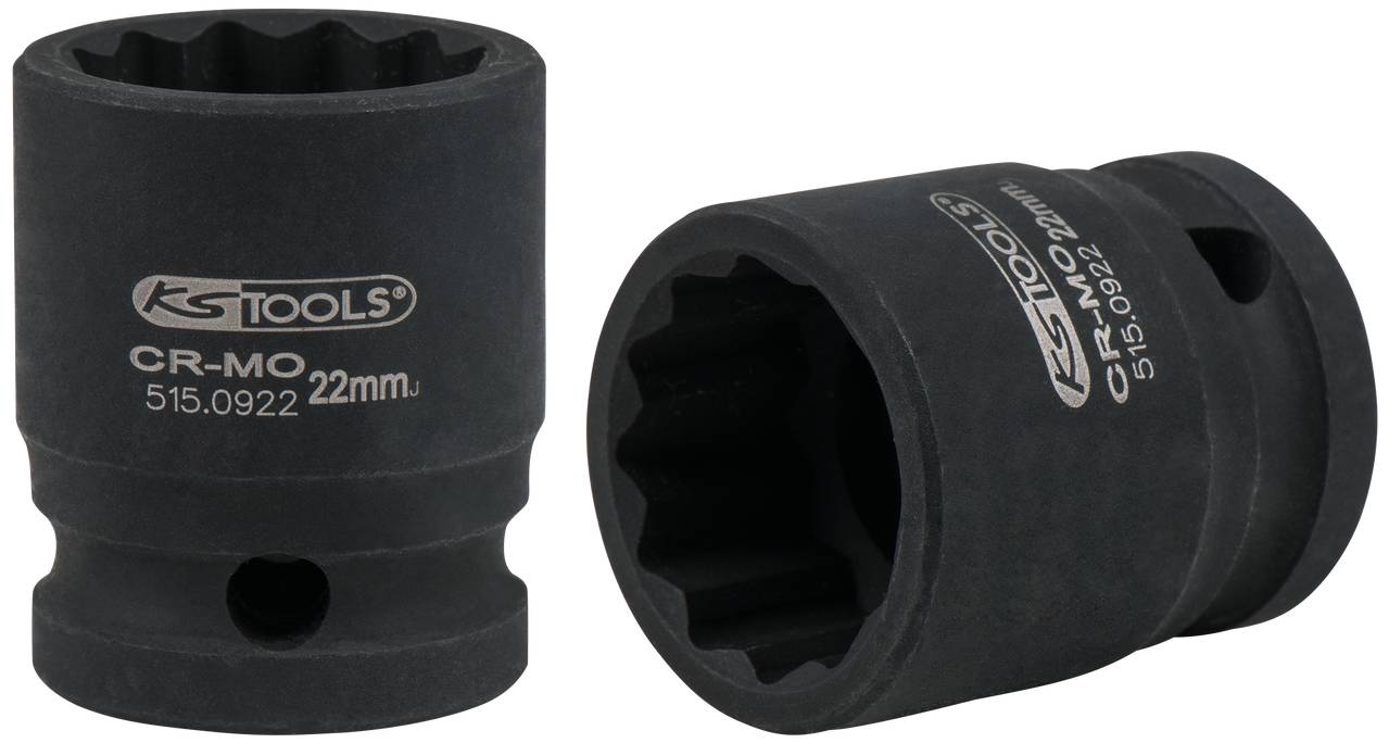 Dva černé šestihranné nástrčné klíče s nápisem 'KS Tools CR-MO 515.0922 22mm', vhodné pro šrouby s průměrem 22 mm.