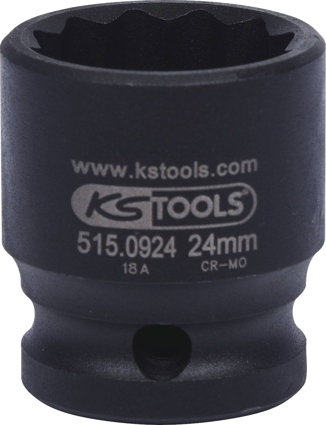 Černý nástrčný klíč 24 mm od značky KS TOOLS s nápisem a specifikacemi na povrchu, vhodný pro práce v dílně.