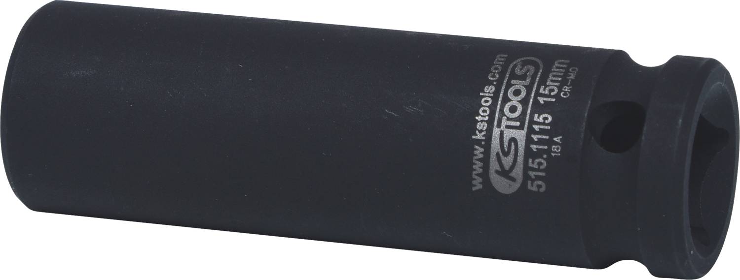 Černý nástrčný klíč s nápisem 'KSTools 515.1115 15mm', válcovitého tvaru, vhodný pro mechanické použití.