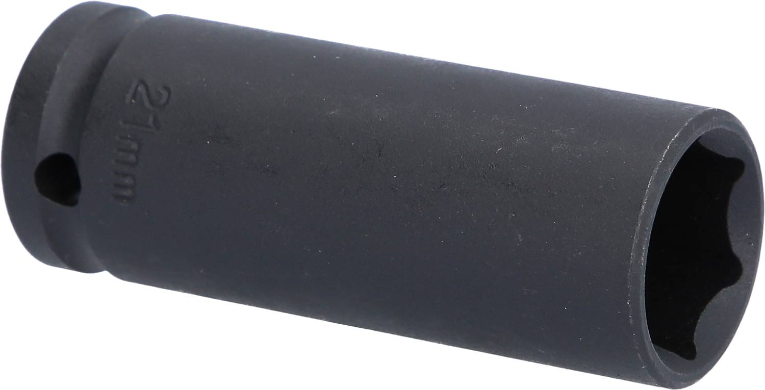 Černý šestihranný čep s nápisem '21 mm', válcovitého tvaru, vhodný pro šroubovací práce.