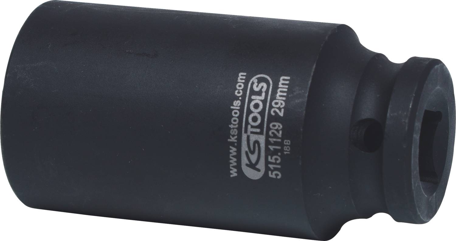 Černý nástrčný klíč od KS Tools; velikost 29 mm; válcovitý tvar se čtvercovým otvorem; nápis 'www.kstools.com'.