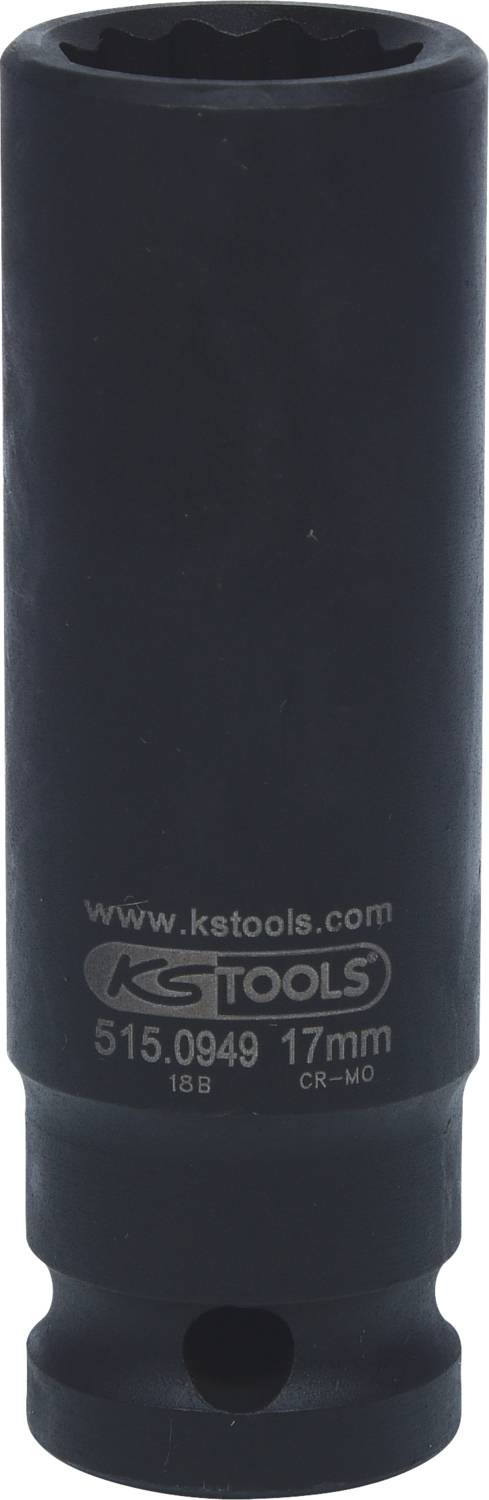 Černý nástrčný klíč s nápisem 'KS TOOLS', velikost 17 mm, vyrobený z chrom-molybdenové oceli, používaný pro mechanické práce.