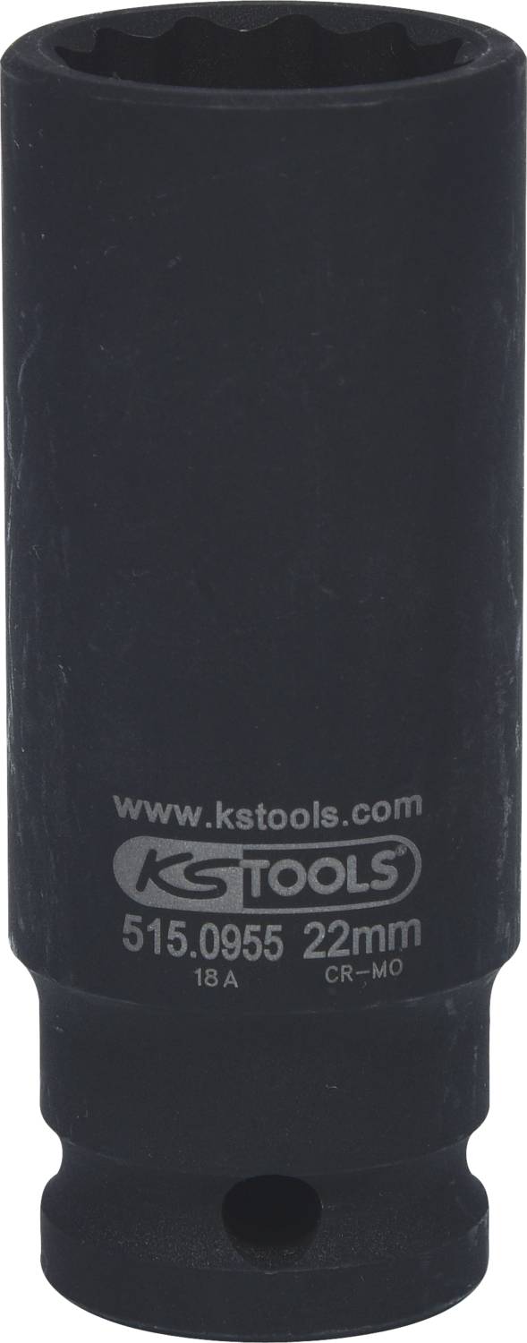 Černý nástrčný klíč s potiskem 'www.kstools.com 515.0955 22mm 18A CR-MO'. Vhodný pro mechanické práce.