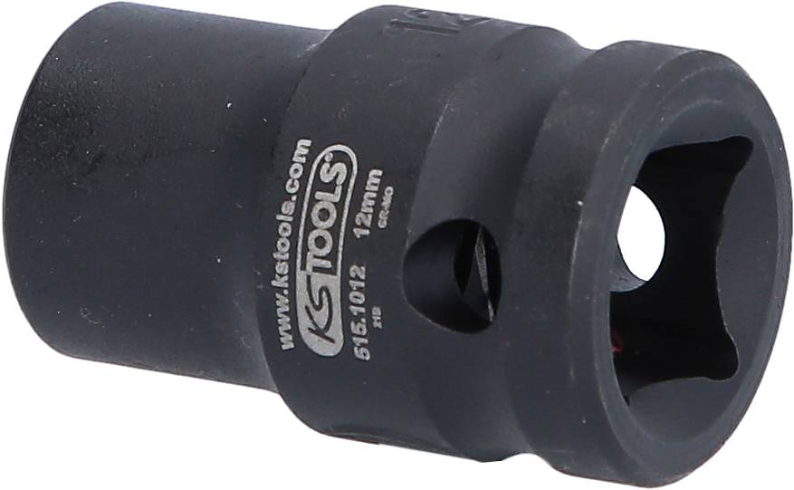 Černá 12mm nástrčná hlavice se šestihranným otvorem, na které je vyryto 'KS Tools', určená pro mechanické nebo opravárenské práce.