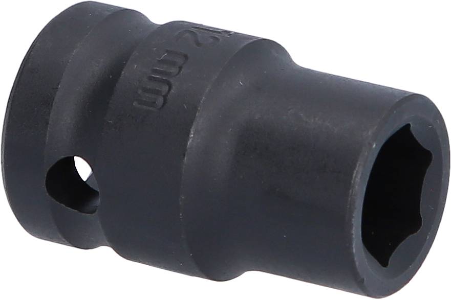 Nástrčný klíč pro 1/2palcový pohon, vyrobený z černého kovu, s 12mm označením, válcovitého tvaru s bočním otvorem.