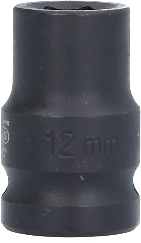 Černý šestihranný nástavec s nápisem '12 mm' na straně. Používá se k utahování nebo povolování šroubů nebo matic.