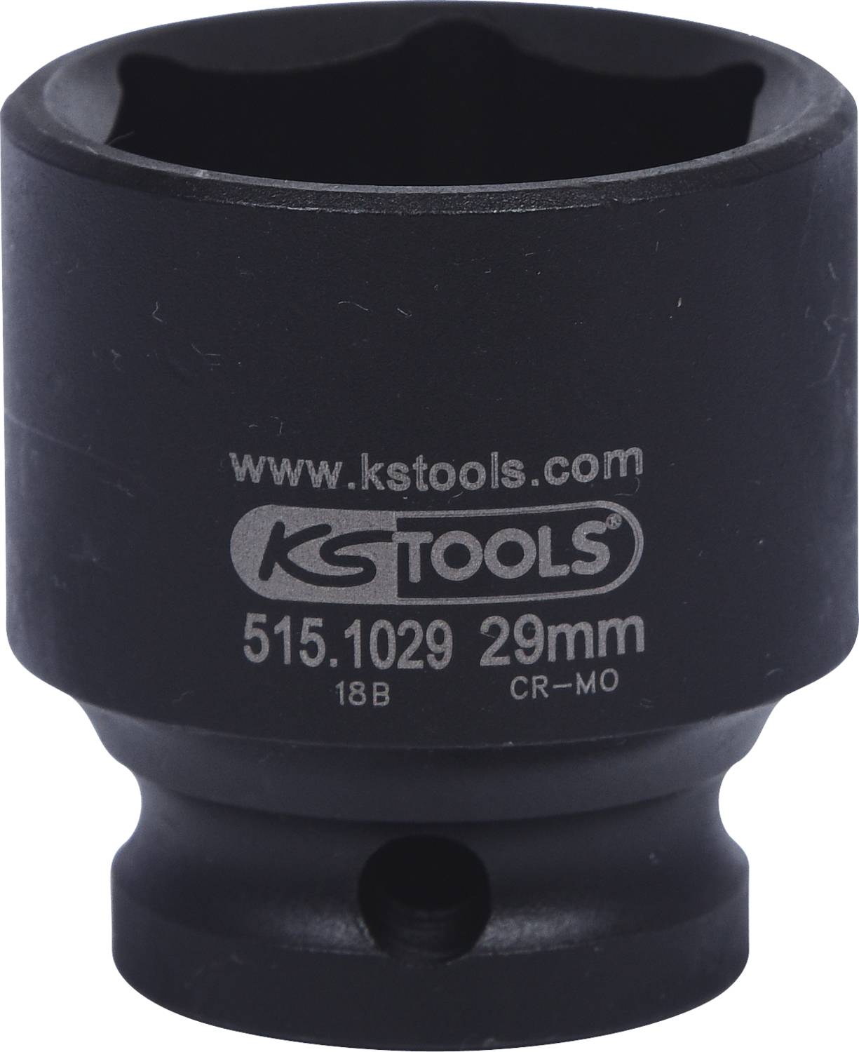 'KS Tools nástrčný klíč, průměr 29 mm, robustní černé provedení, modelové číslo 515.1029, materiál CR-MO.'