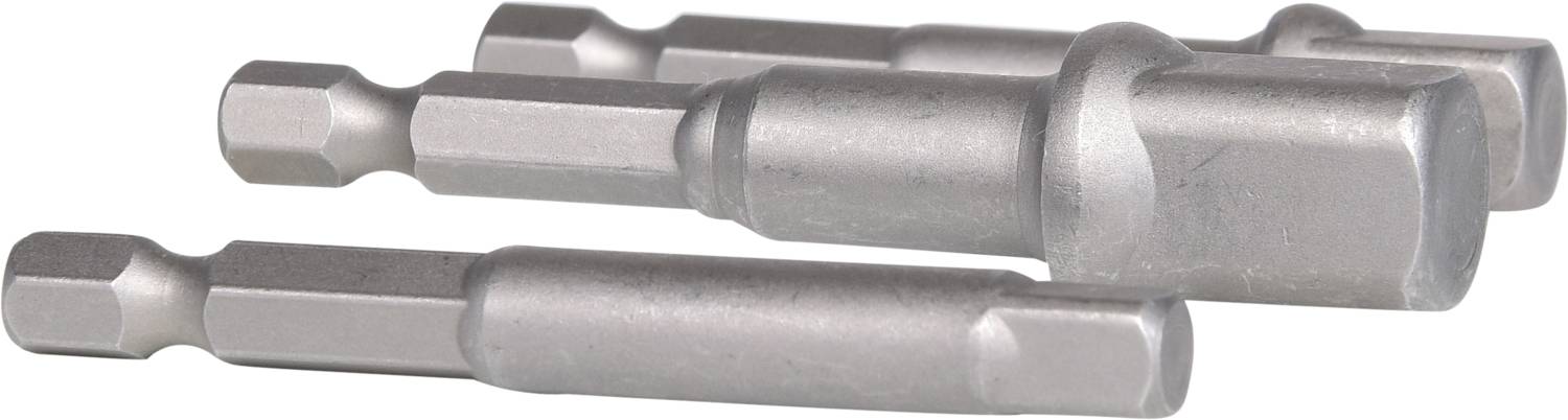 Tři kovové šestihranné nástavce leží na sobě. Jsou vyrobeny ze stříbrného materiálu a slouží k prodloužení nástrojů.