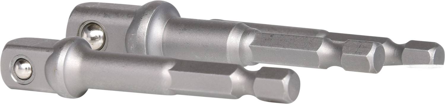 Dva stříbrné šestihranné adaptéry pro šroubováky s kuličkovým ložiskem pro bezpečné uchycení. Liší se délkou.