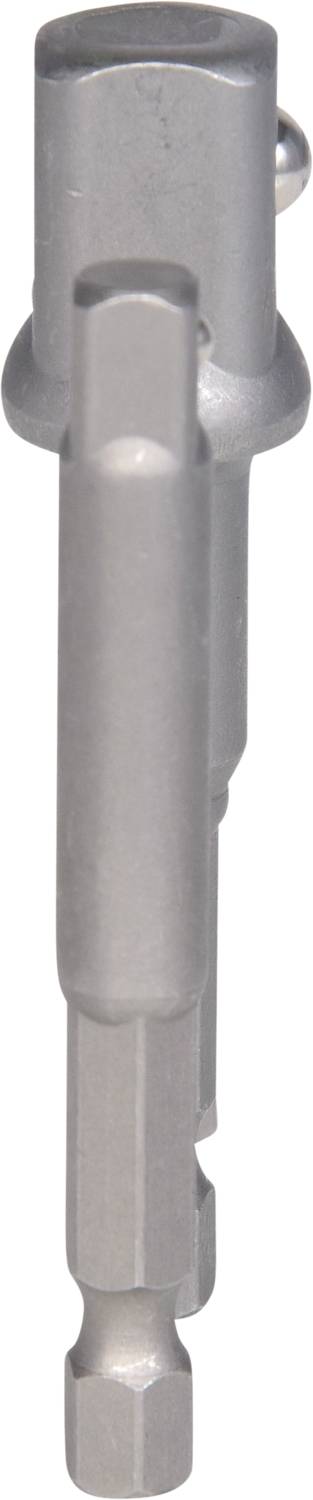 Stříbrný adaptér nářadí s šestihrannou stopkou přecházející do kulatého hlavy. Vhodný pro šroubovací práce.