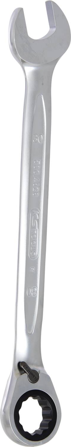 Nastavitelný kovový klíč, převážně stříbrné barvy, s jednou otevřenou stranou a stranou s ráčnou, vhodný pro všestranné použití.