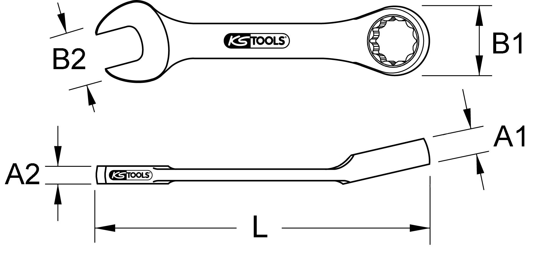Obrázek francouzského klíče od KS Tools; zobrazuje rozměry B1, B2, A1, A2, L.