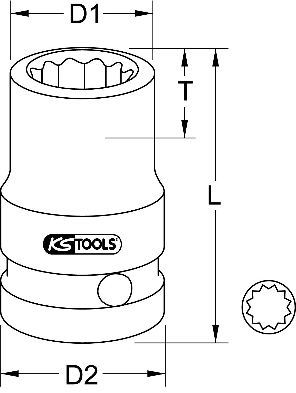 Náčrt nástrčného klíče s rozměry D1, D2, T, L. Logo 'KS Tools' viditelné.