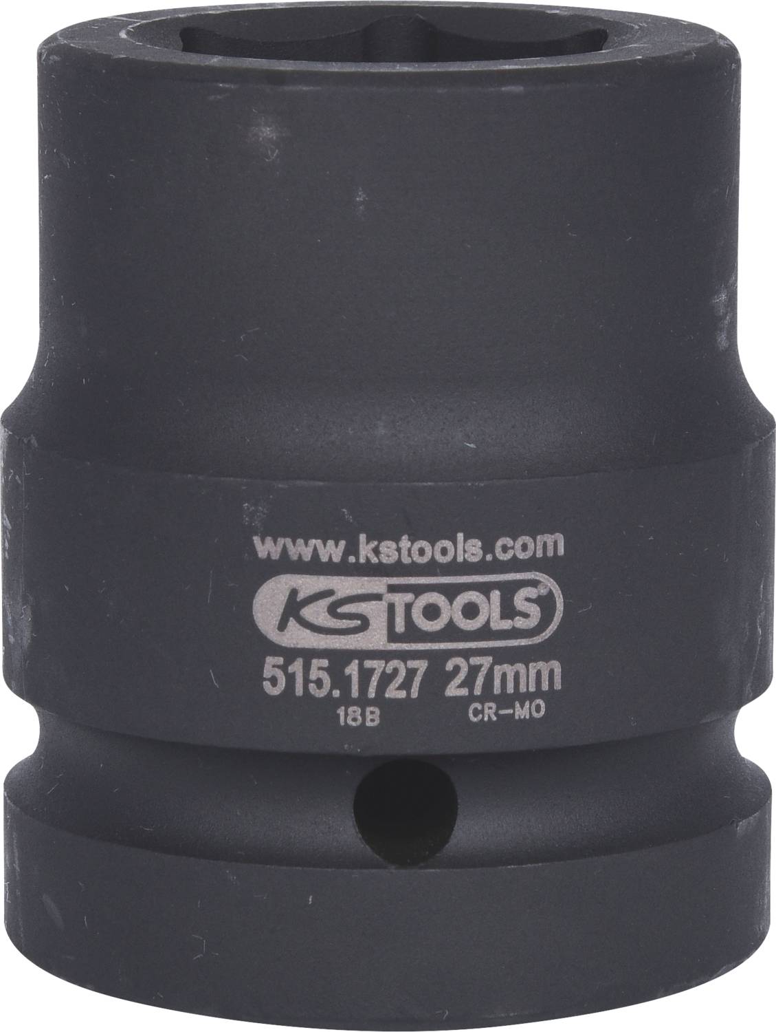 Černý nástrčný klíč značky KS Tools o velikosti 27 mm. Na povrchu je vytištěno katalogové číslo a webové stránky.