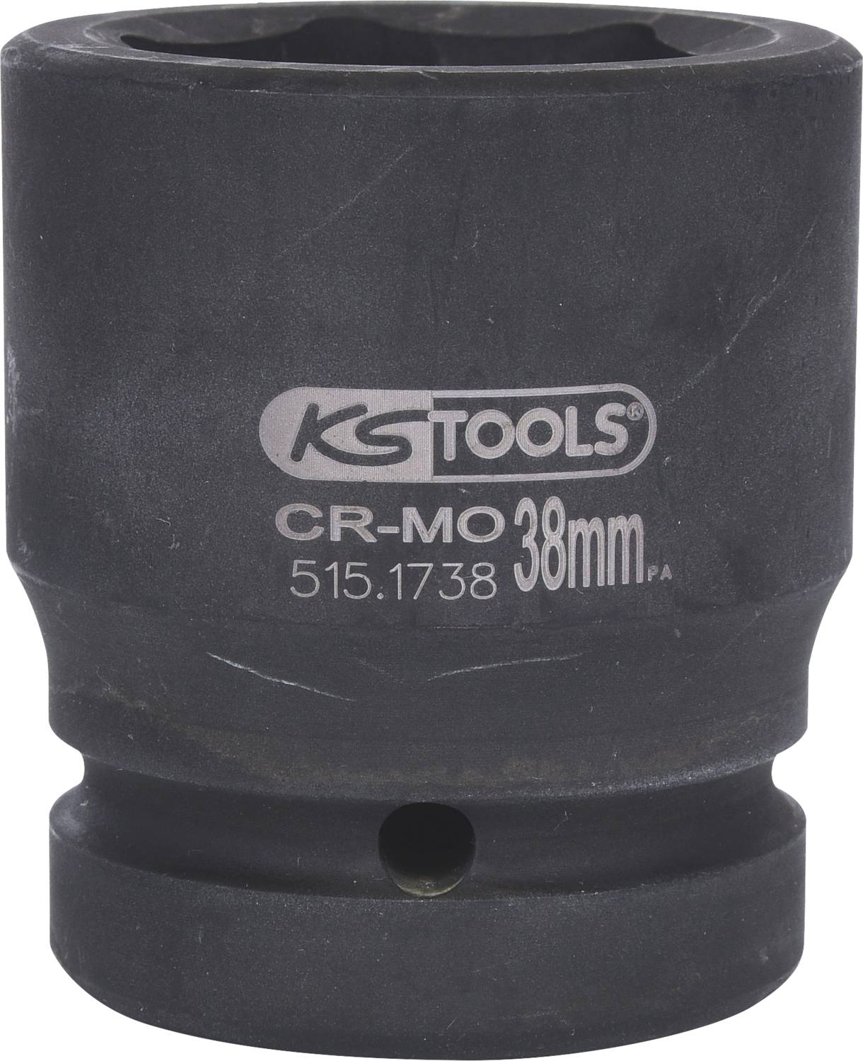 Černý klíč s nápisem 'KS Tools CR-MO 38mm', určený pro nástroje, vykazuje známky opotřebení, s důrazem na název značky.