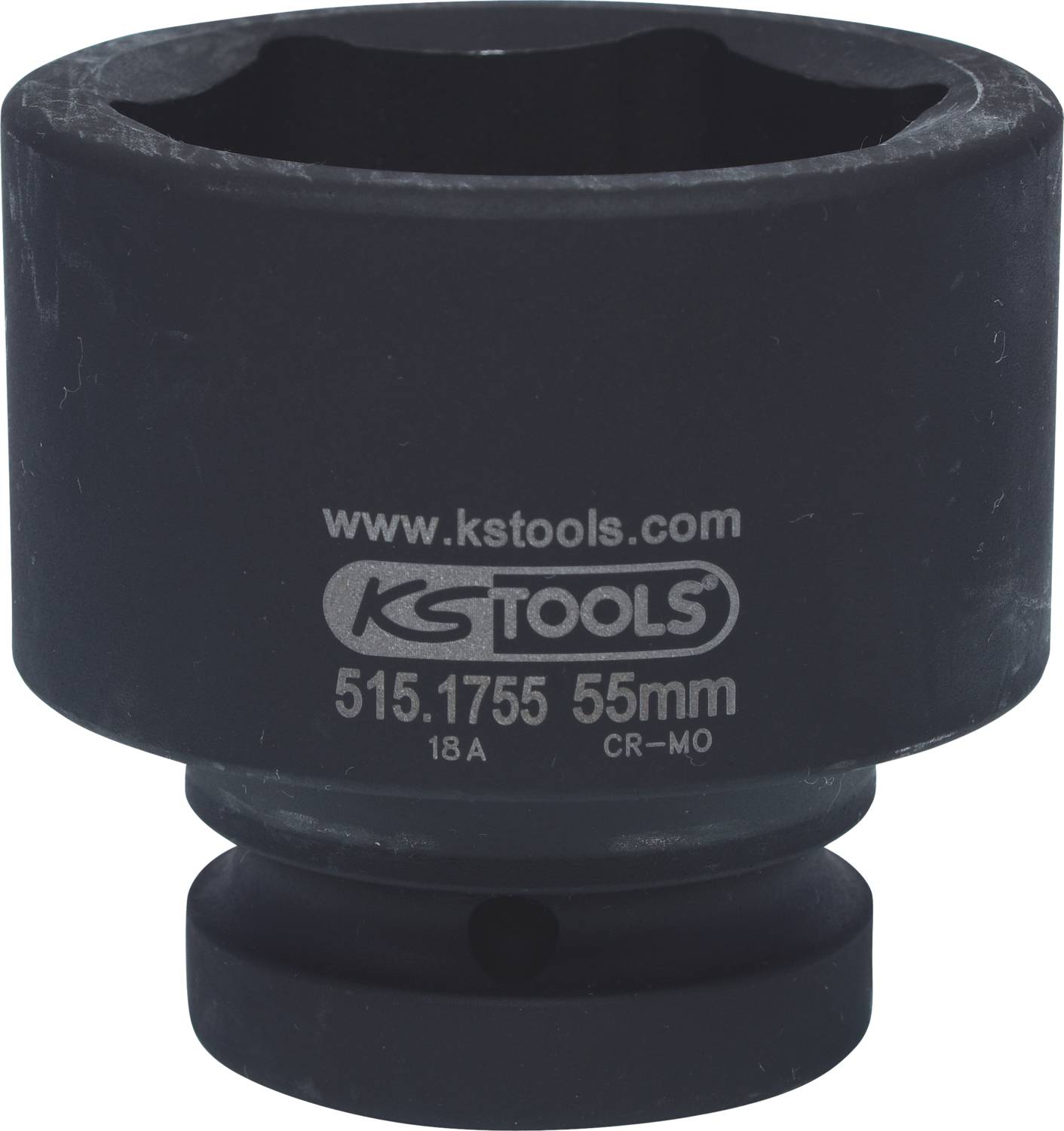 Nástrčná hlavice pro rázový utahovák KS Tools, 55 mm, modelové číslo 515.1755. Vyrobena z černého materiálu. Webové stránky a informace o modelu vytištěny na povrchu.