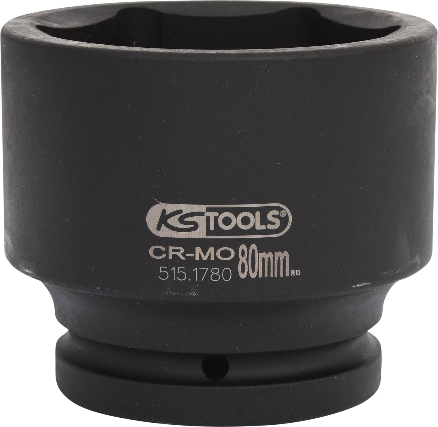 Černý nástrčný klíč značky KS Tools, vyrobený z chrom-molybdenové oceli, o průměru 80 mm, modelové číslo 515.1780, určený pro výkonné aplikace.