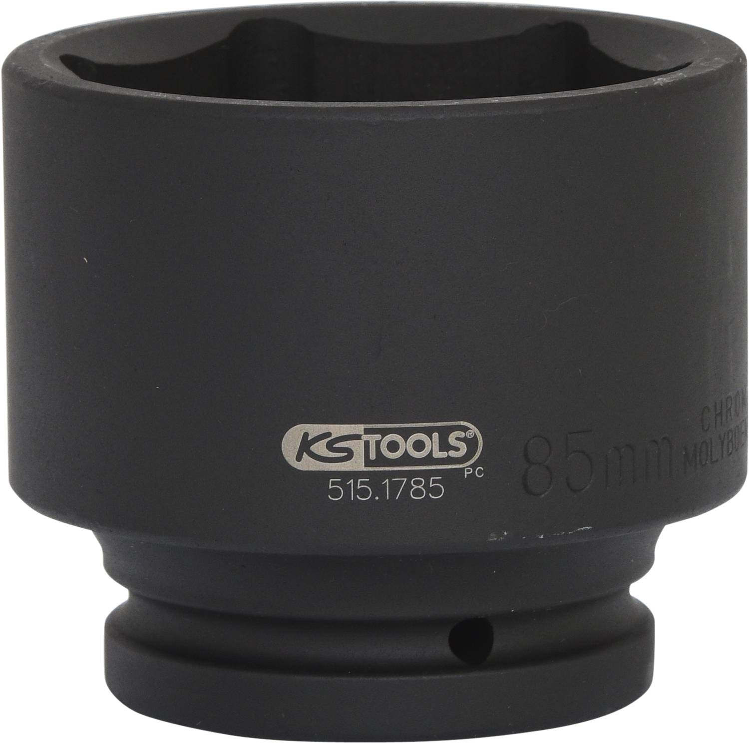 Obrázek černé válcové nástrčné hlavice s nápisem 'KS Tools 85 mm'.