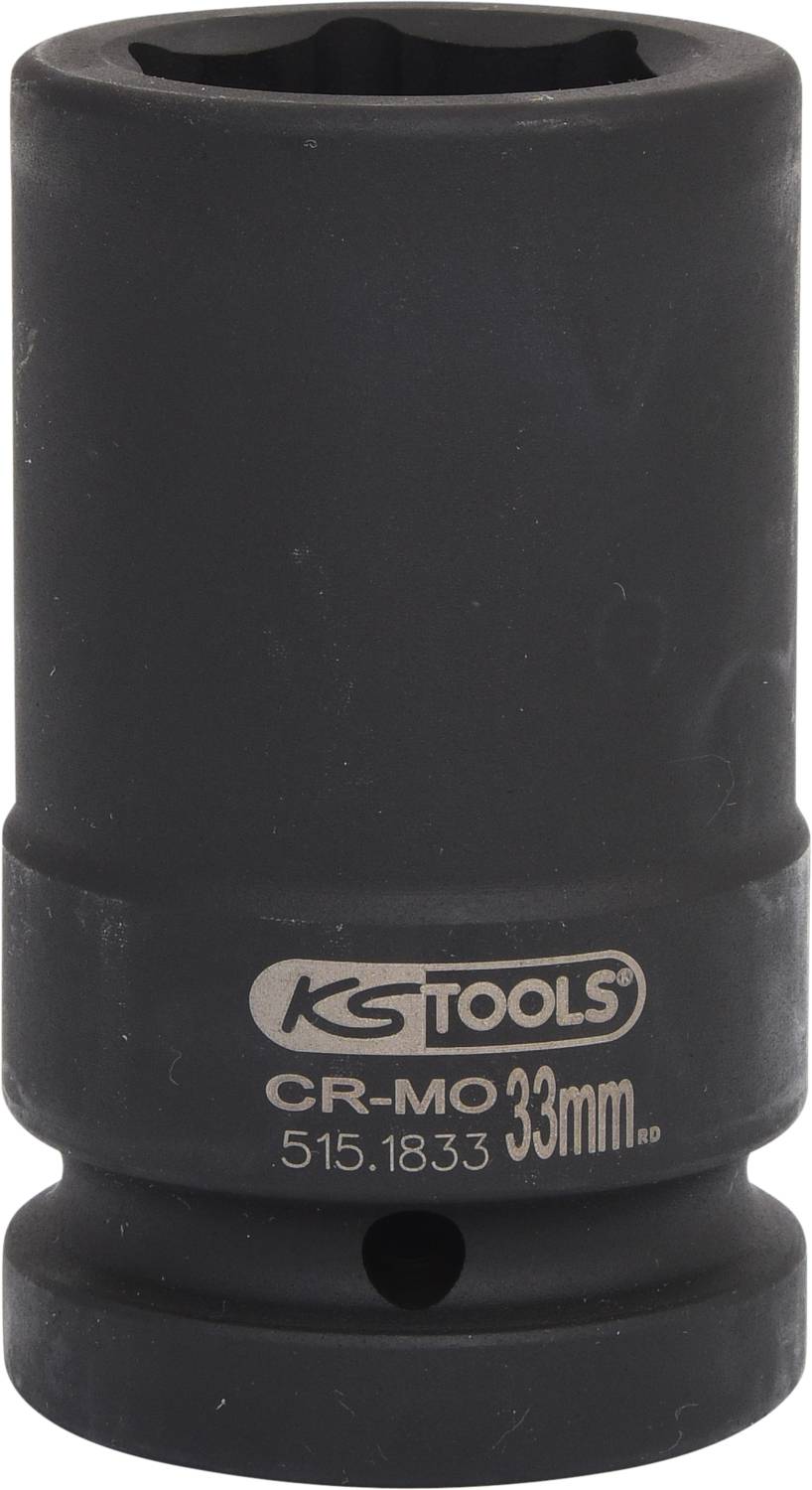 Černý nástrčný klíč s nápisem 'KG Tools' a 'CR-MO 33mm', vhodný pro nástrčné klíče, vyrobený z odolného materiálu.