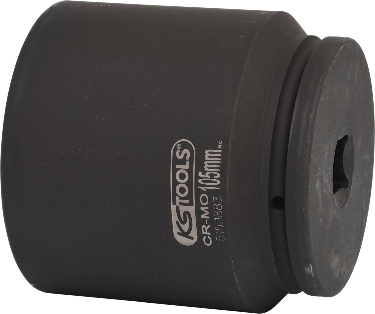 Černý přijímací hrnec s nápisem 'KS TOOLS', 'CR-MO 105mm'. Válcovitý tvar, robustní materiál, profesionální použití.