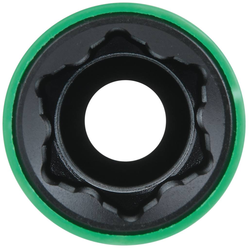 Kulatý, černý objekt se zeleným lemováním, uvnitř tvarovaný jako ozubené kolo. Možná součást technického mechanismu.