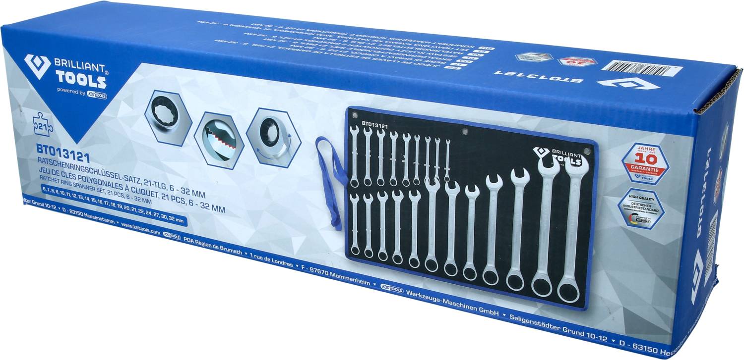 Sada 12 ráčnových klíčů v různých velikostech v modré krabici od značky 'Brilliant Tools', model BT013121.