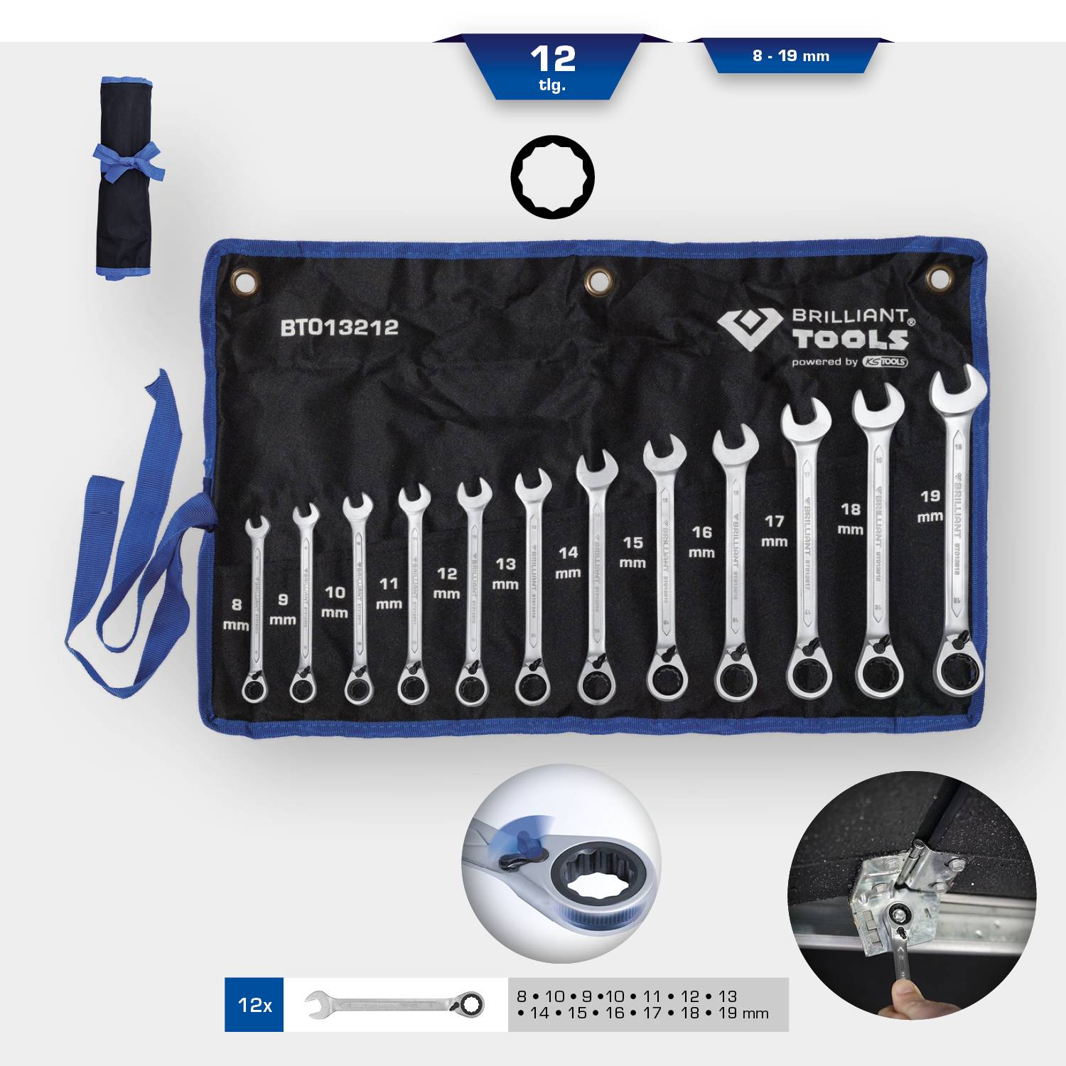 Brašna na nářadí 'Brilliant Tools' se sadou dvanácti plochých klíčů o velikostech 8-19 mm. Rozměry brašny, detail a poznámka k použití.