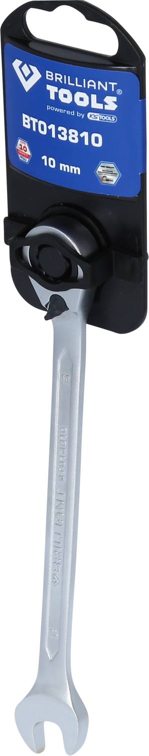 'Ráčnový klíč 10 mm od Brilliant Tools, model BT013810, na černém držáku s modrým štítkem.'