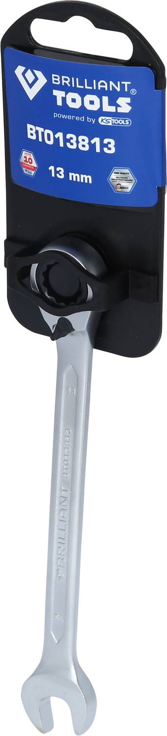 Klíč (nebo francouzský klíč) od Brilliant Tools, model BT013813, velikost 13 mm. Zabalený na černém držáku s modrým štítkem.