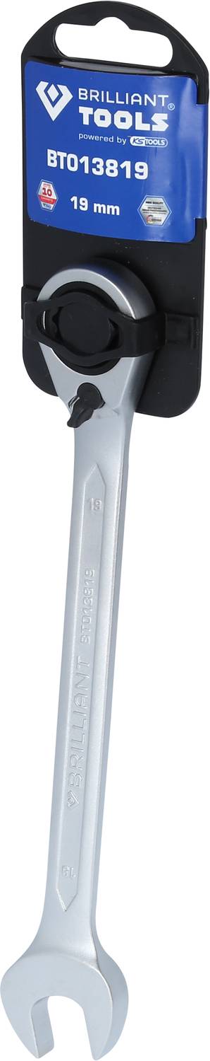 Ráčnový očkový klíč Brilliant Tools, 19 mm, stříbrný nástroj s držadlem, vhodný pro šroubovací práce v technických profesích.