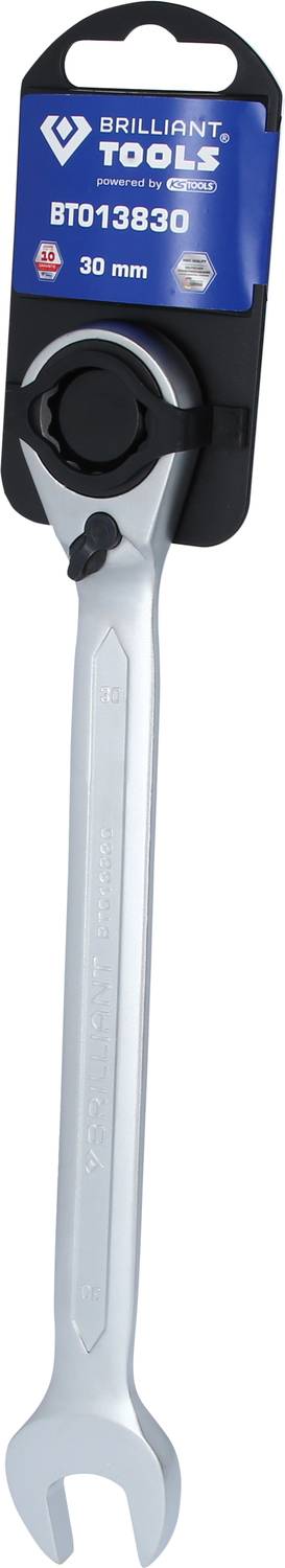 Klíč s ráčnou, 20 mm, značky 'Brilliant Tools', produktové číslo BT013830, připevněný na obalu.