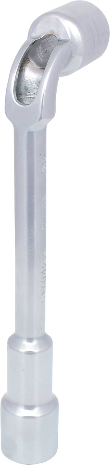 Stříbrný nástroj s ohnutou rukojetí, pravděpodobně klíčový nebo kloubový grip, se používá pro mechanické práce.