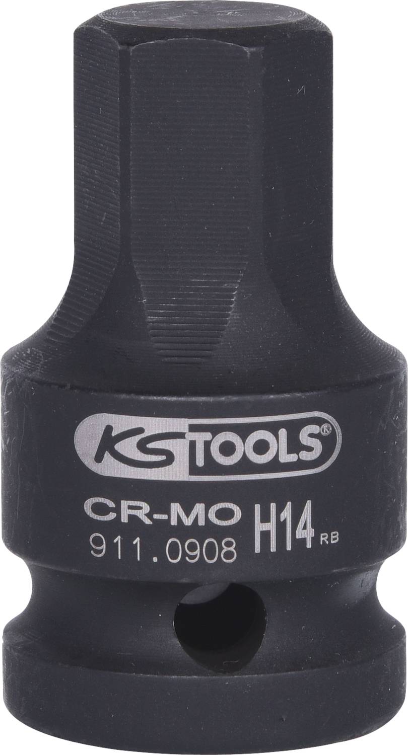 Černý nástrčný klíč s šestihrannou hlavou, vyražený textem 'KS TOOLS CR-MO H14' a katalog. číslem.