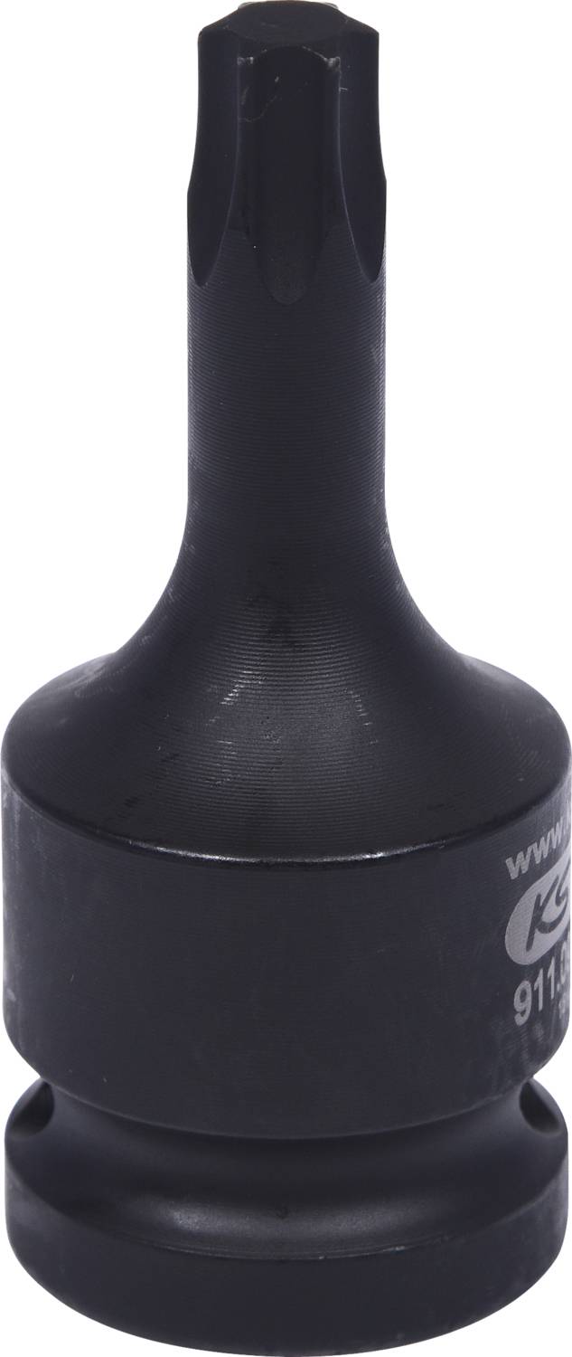 Černý nástavec na nářadí s hvězdicovitým hrotem, vhodný pro šrouby Torx, na bílém pozadí.