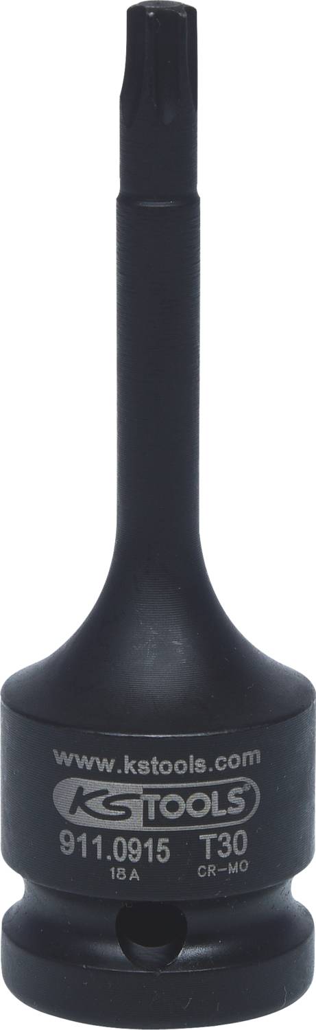 Černý nástavec na šroubení T30 Torx značky KS Tools z oceli CR-MO, modelové číslo 911.0915, pro mechanické aplikace.