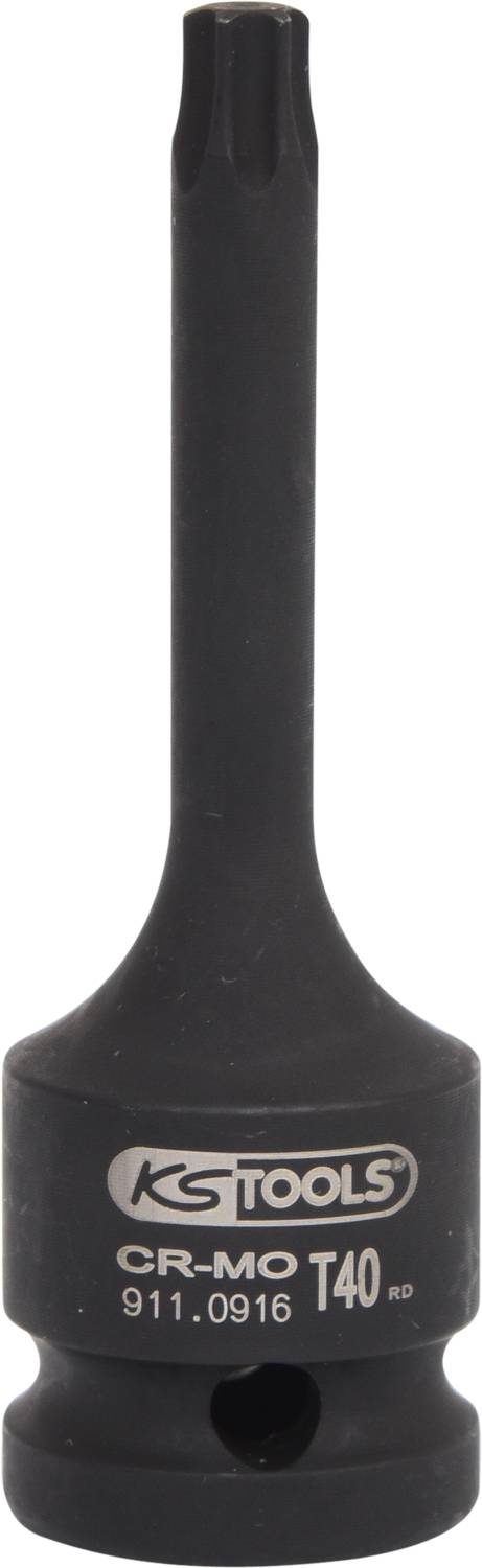 Bit nástavec, velikost T40, s dlouhým dříkem, černý materiál s nápisem 'KS Tools CR-MO T40 RD 911.0916'.