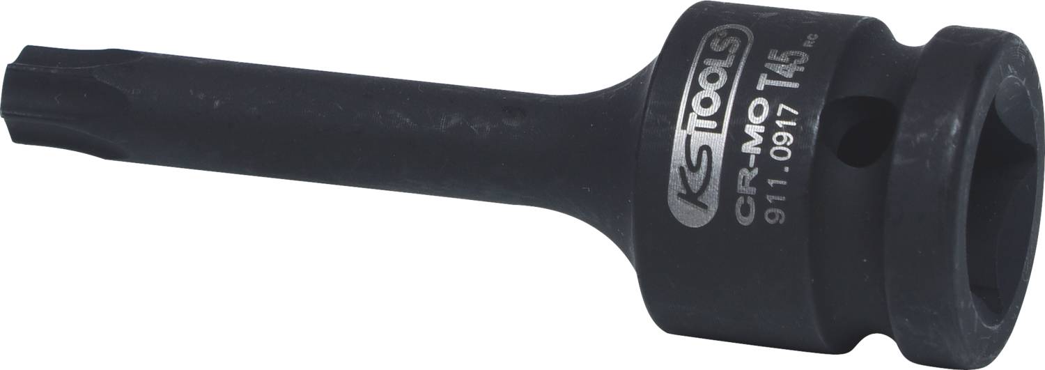 Torx bit nástavec s hlavou T45, černý materiál, boční potisk 'KS TOOLS' a další sériové číslo, hrubý povrch.