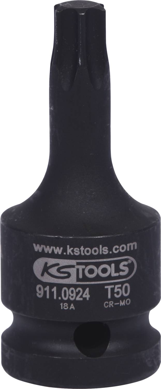 Černý šroubový nástavec s nápisem 'KS TOOLS', modelové číslo '911.0924 T50'. Používá se k upevňování šroubů.