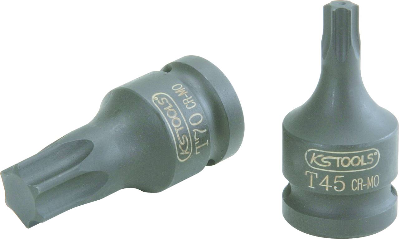 Dva torxové nástavce značky 'KS Tools' na světlém pozadí; jeden je označen jako T70, druhý jako T45.