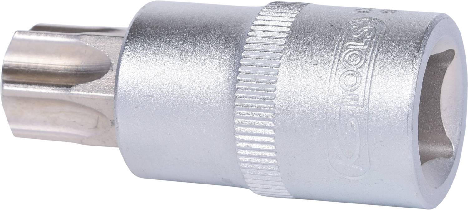Kovový nástavec na ráčnu s vroubkovaným povrchem a hlavou Torx, používaný pro utahování nebo povolování šroubů.