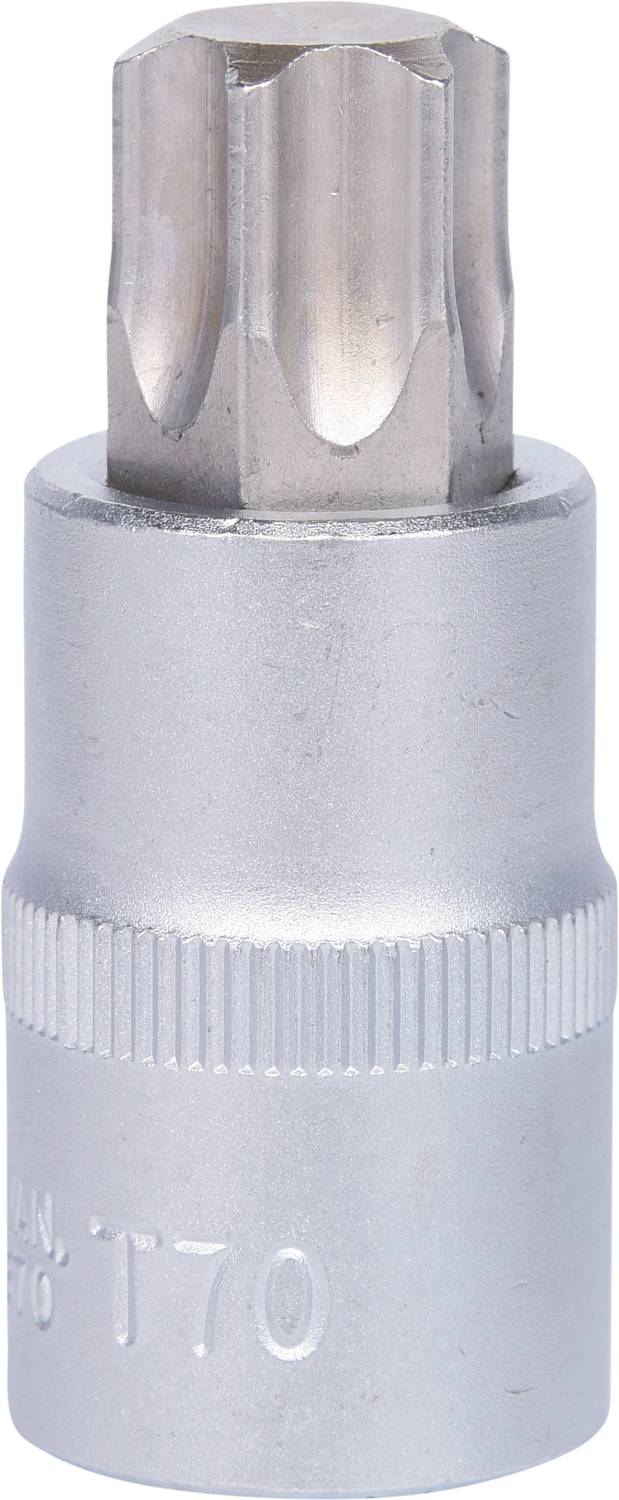Kovový nástavec Torx s označením T70, s vroubkovanou rukojetí pro lepší úchop. Ideální pro mechanické práce.