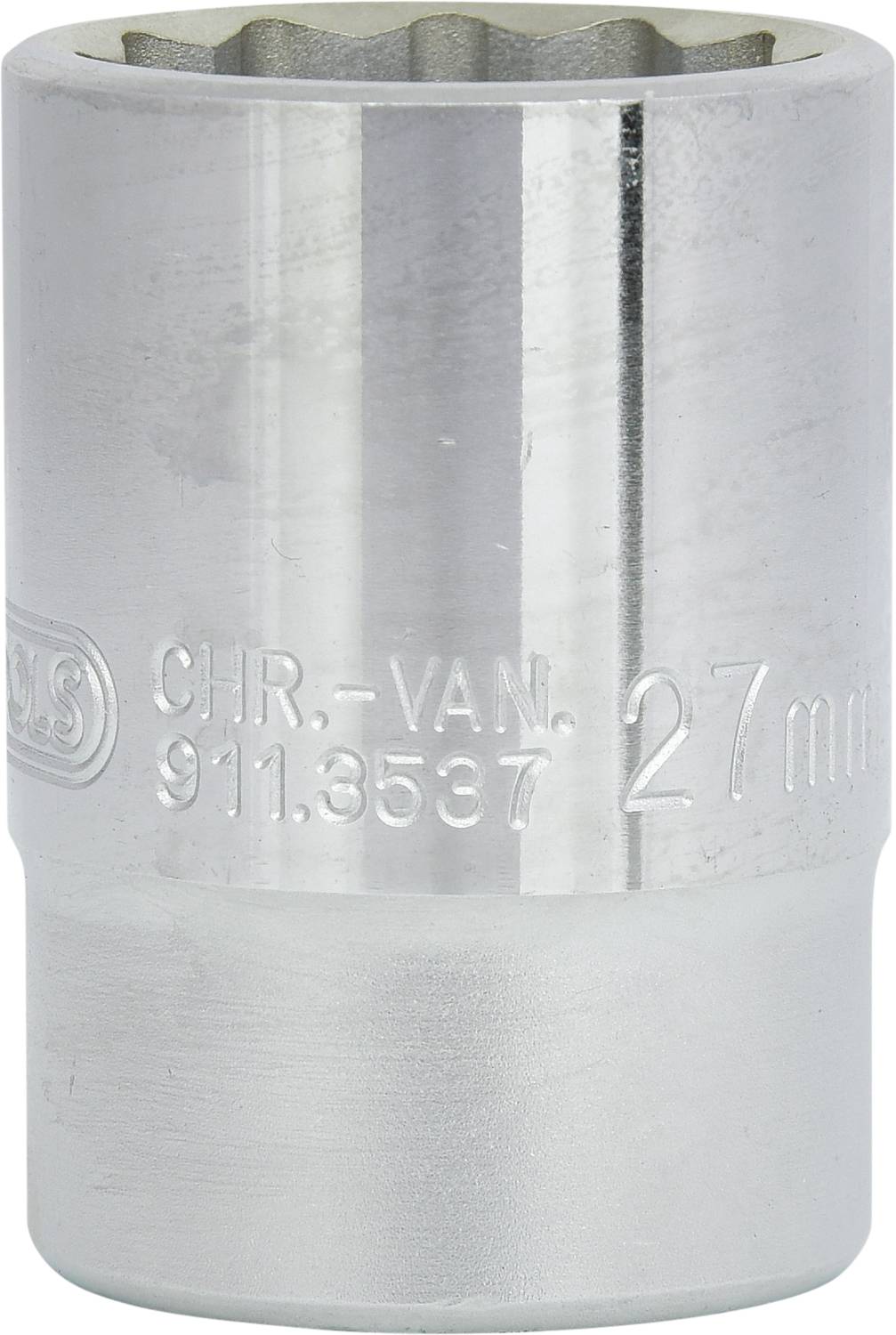 Stříbrný šroubový kolík s gravírováním '27 mm CHR-VAN 911.8537', používaný pro šroubovací práce.
