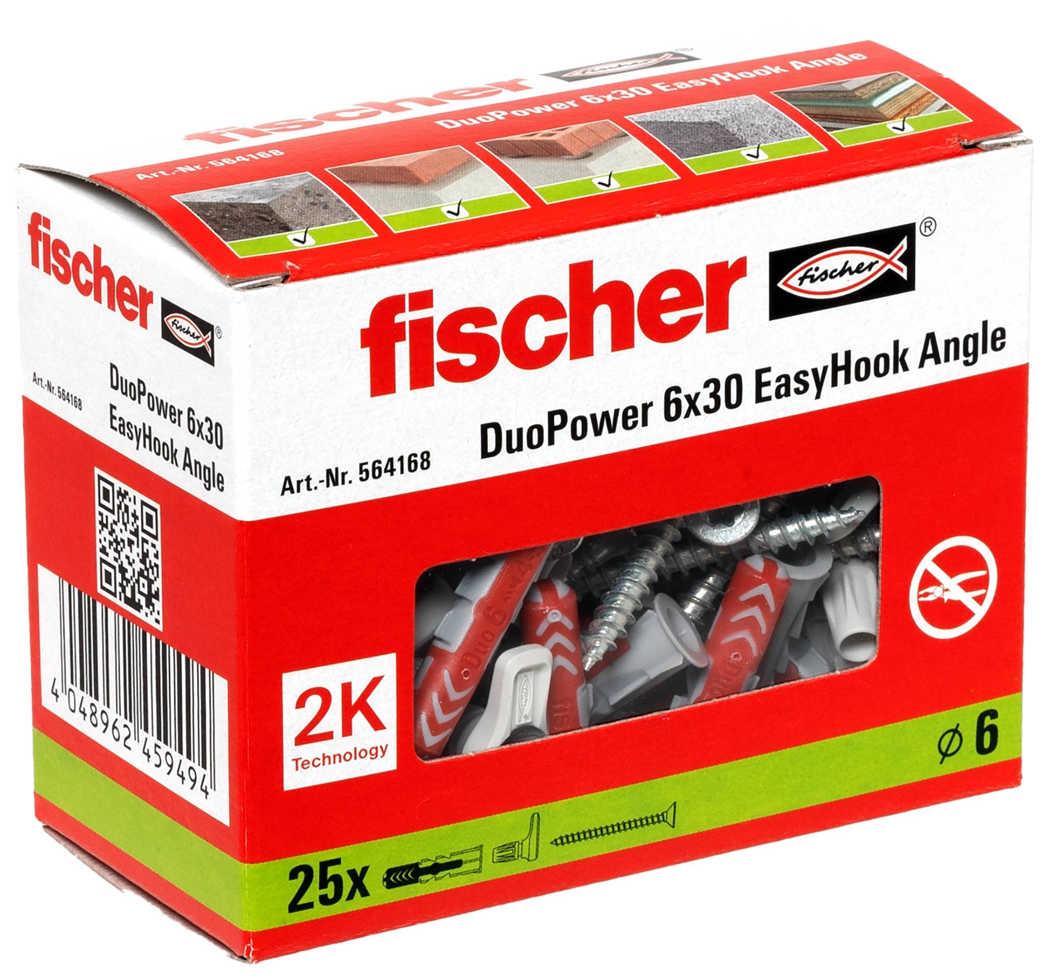 Fischer DuoPower 6x30 EasyHook sada nástěnných kotev se sklonem, krabice sady s 25 kusy, se šrouby a kotvami viditelními skrz okno.