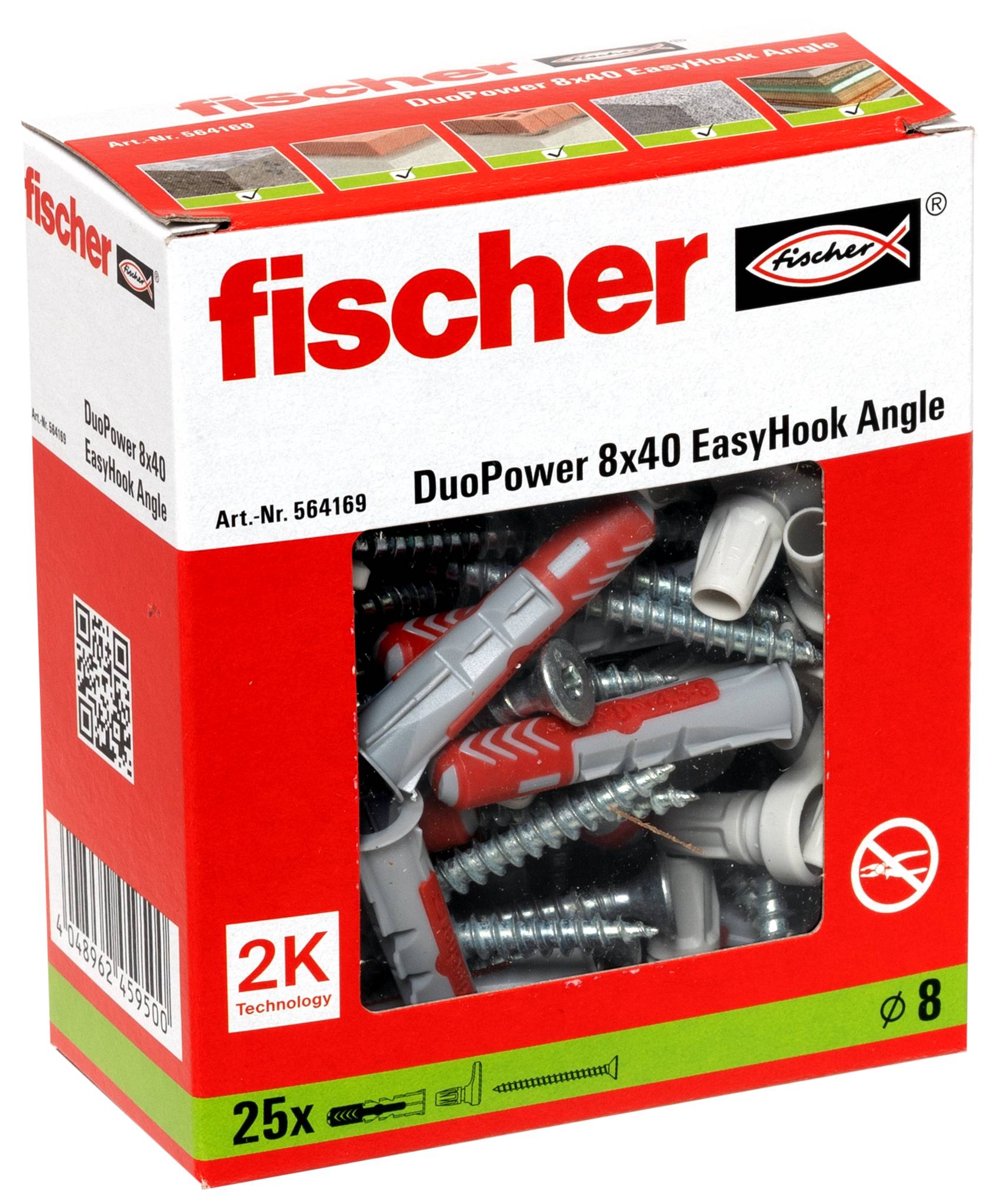Krabice fischer DuoPower 8x40 EasyHook Angle hmoždinek na stěnu a šroubů, označená 25x a 2K Technology.