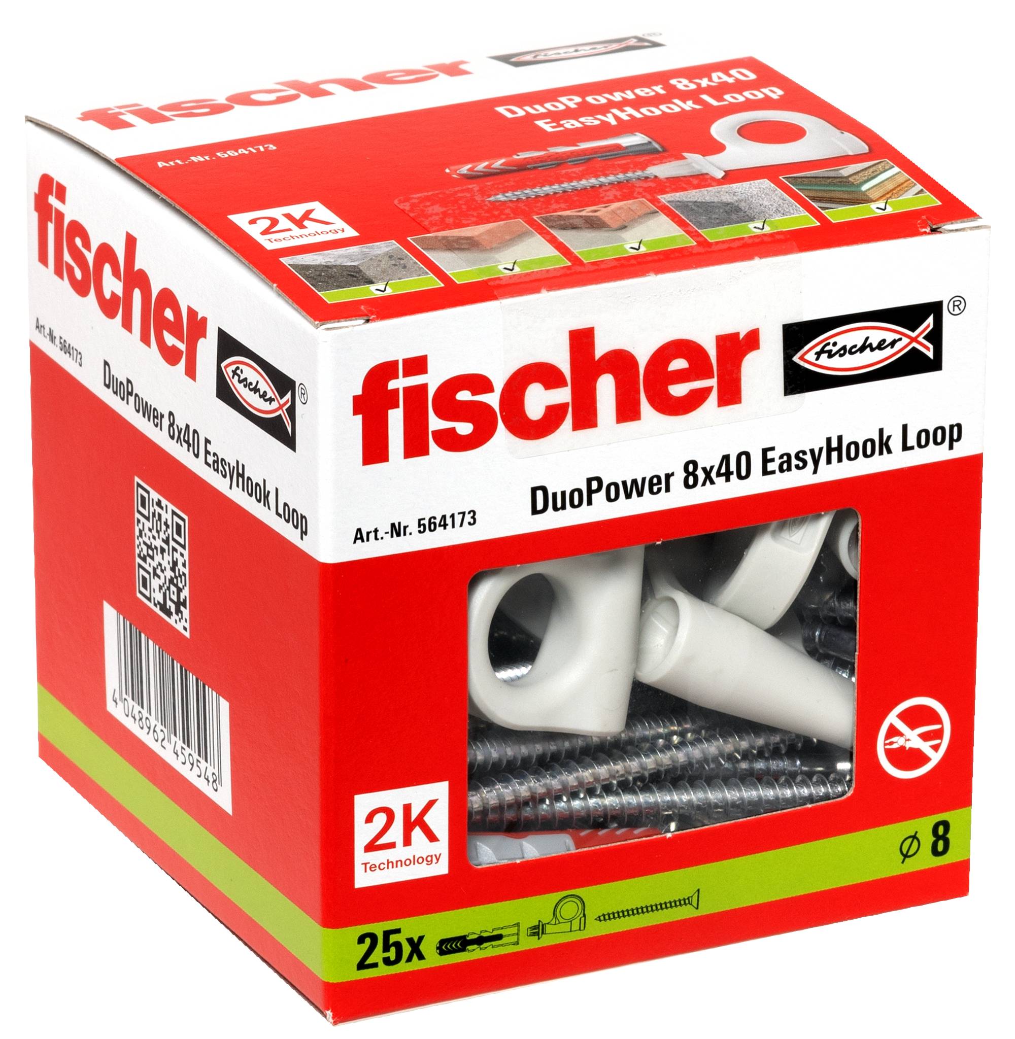 Krabice kotev do zdi Fischer DuoPower 8x40 EasyHook Loop, balení 25 kusů, s červeno-bílým obalem a viditelným plastovými háčky a vruty skrz průhledné okno.