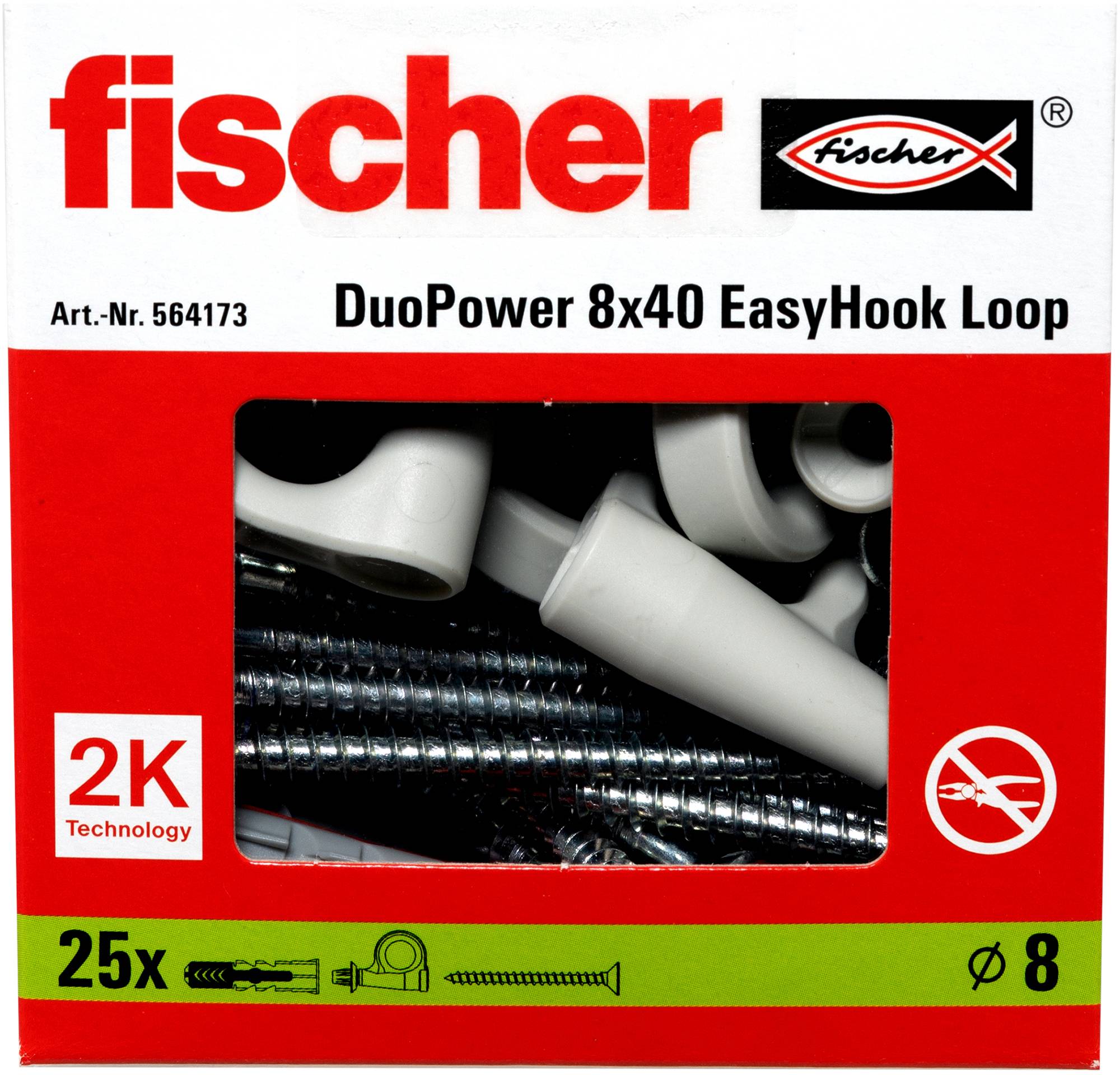 Balení Fischer DuoPower 8x40 EasyHook Loop. Obsahuje 25 háčků s 2K technologií. Detaily produktu a logo na přední straně.