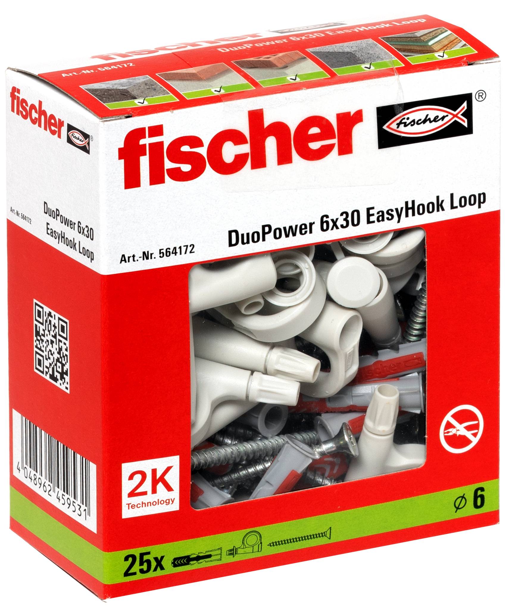 Balení zásuvných kotev Fischer DuoPower 6x30 EasyHook Loop na zeď, zobrazující sadu 25 kusů hardware s viditelnými kotvicími součástkami skrze čiré okno.